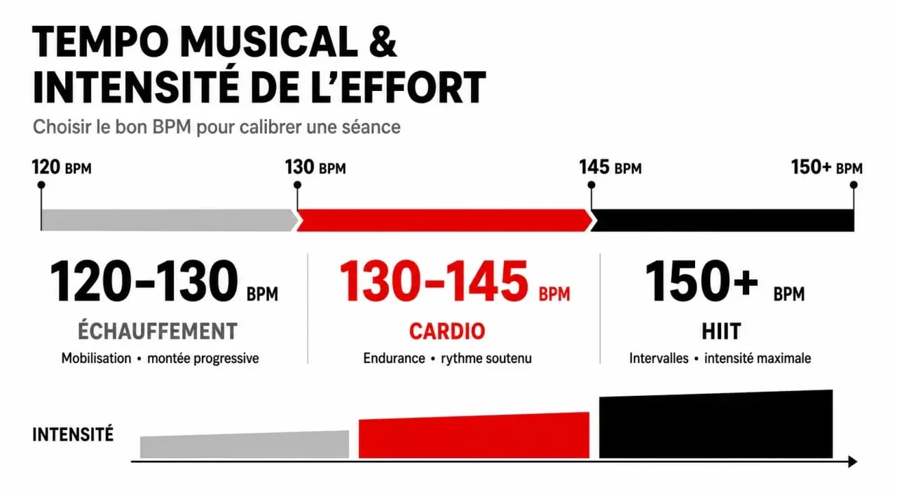 Infographie sur l'impact du fitness en musique et des BPM sur l'intensité de l'entraînement.