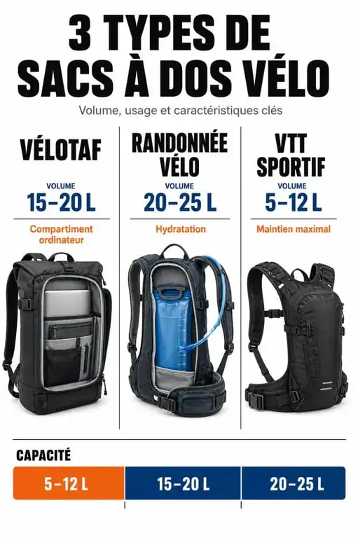 Infographie comparative des types de sac à dos vélo selon l'usage et la capacité
