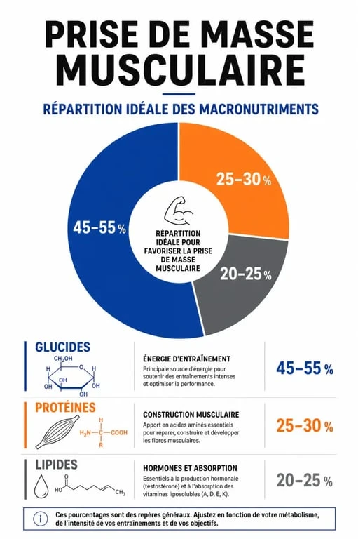 Infographie sur la répartition des macronutriments pour un programme prise de masse débutant