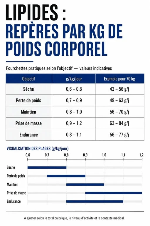 Combien de lipide par kg : repères visuels en g/kg selon l’objectif