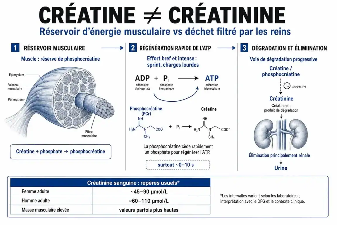 Qu est ce que la creatine : schéma explicatif de la créatine, de l’ATP et de la créatinine dans le muscle