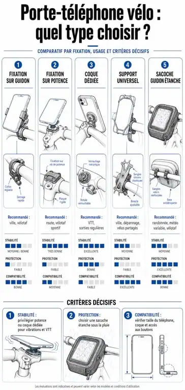 Porte tel velo : infographie comparative des supports pour guidon, potence, coque dédiée et sacoche étanche