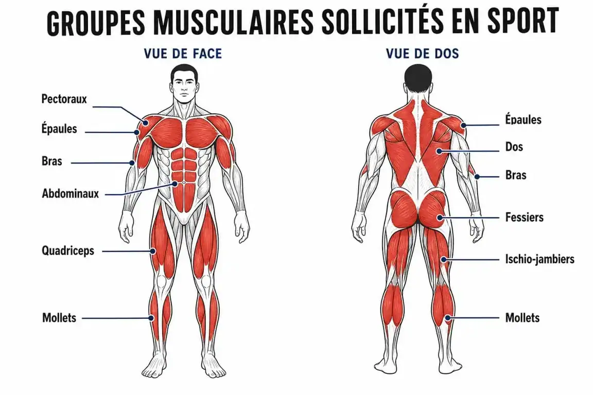Schéma des principaux muscle du corps sport avec groupes musculaires de face et de dos