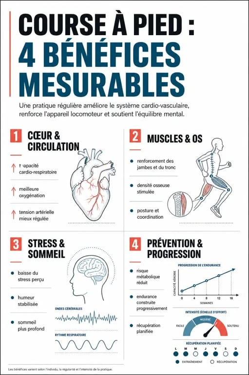 Infographie des bienfaits de la course a pied pour le cœur, les muscles, le mental et la santé