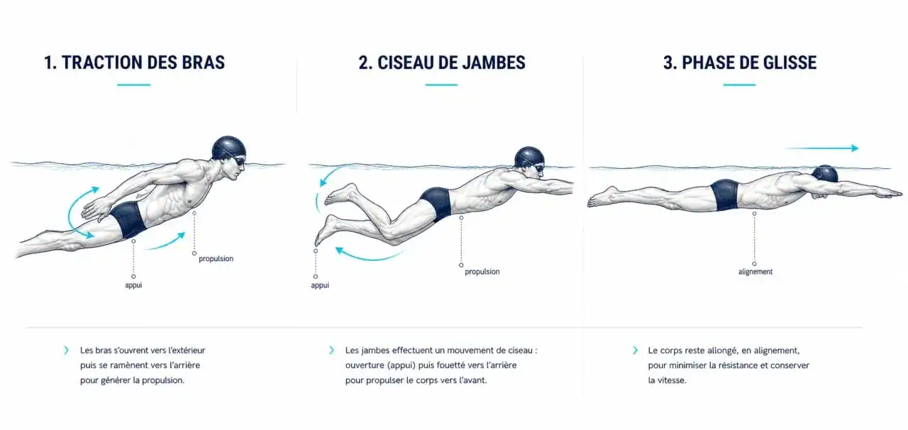 Schéma technique des phases de la brasse pour apprendre à nager