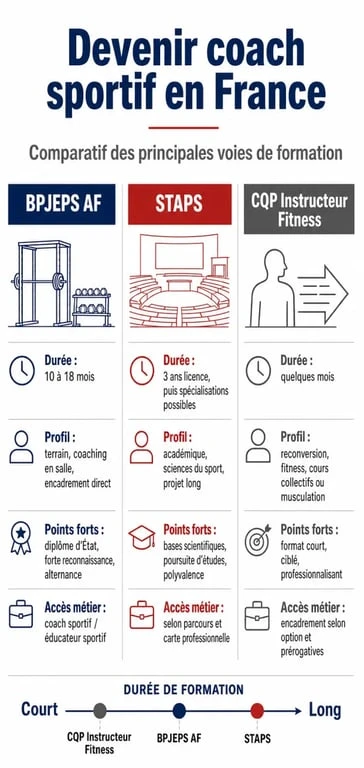 Formation pour coach sportif : comparaison visuelle des parcours BPJEPS AF, STAPS et CQP Instructeur Fitness