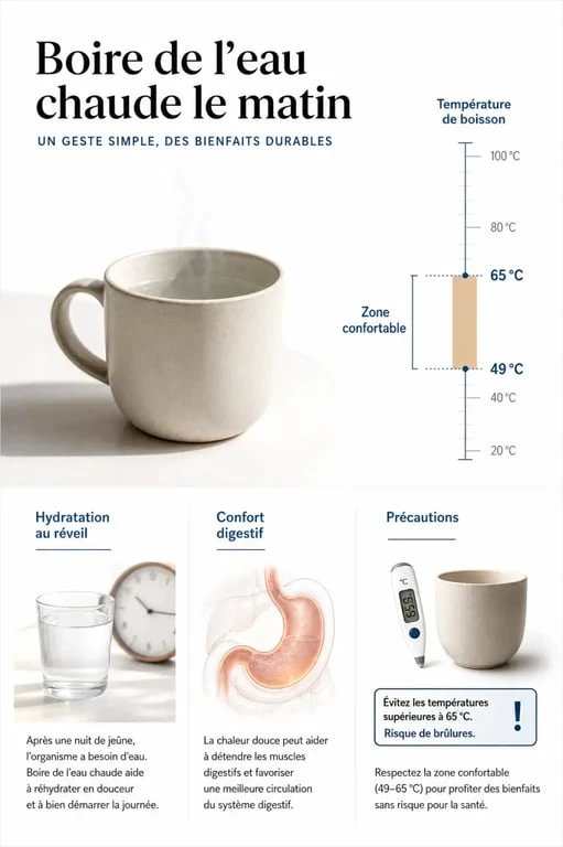 Boire de l eau chaud le matin : illustration éditoriale avec tasse et repères de température
