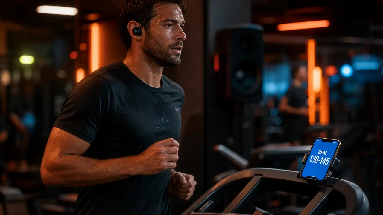 Fitness en musique : course au BPM 130-145 sur tapis, casque sans fil