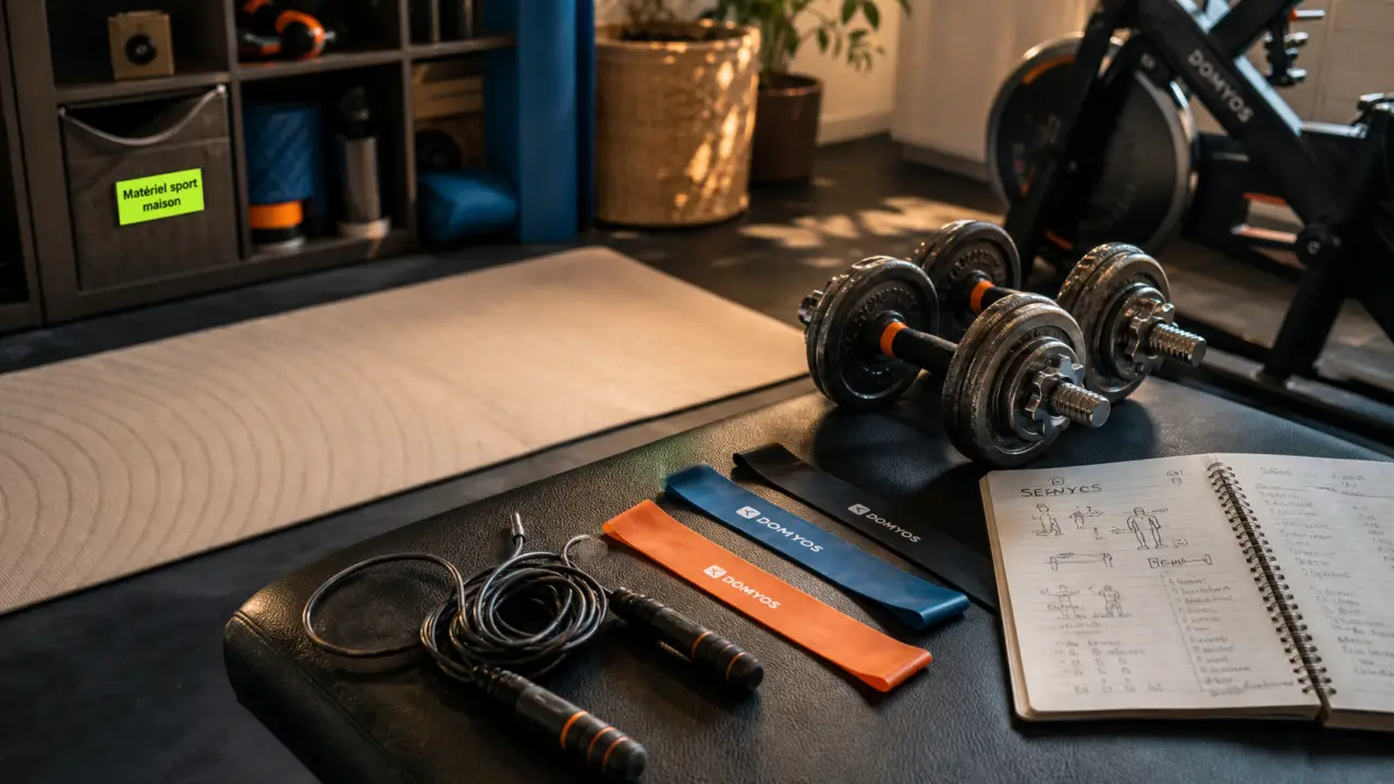 Materiel sport maison : tapis, haltères et mini bandes élastiques sur un banc