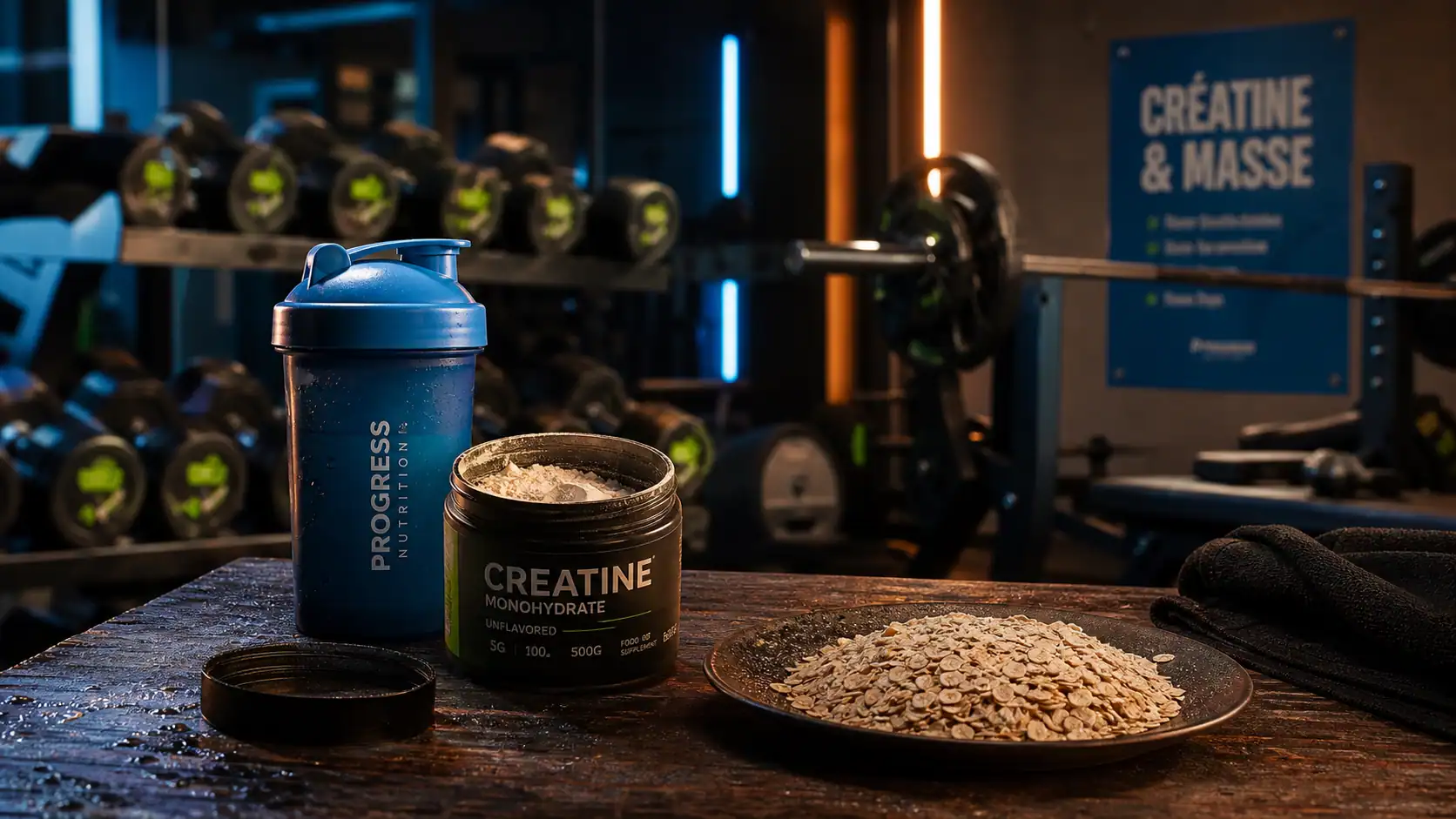Prise de masse creatine : shaker de créatine et poudre en salle de sport