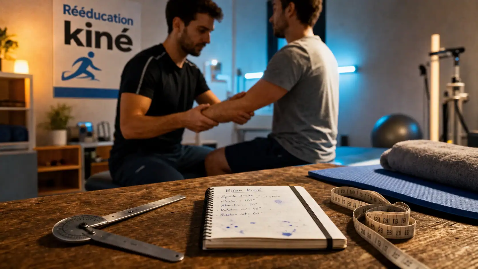 Rééducation kine : bilan kiné avec goniomètre et tapis antidérapant