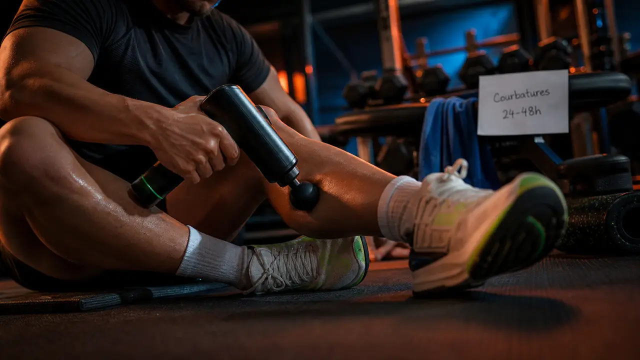 Courbatures apres musculation bon signe : athlète au sol avec rouleau de récupération