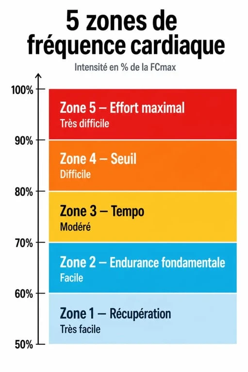 Infographie des 5 zones de fréquence cardiaque pour l'entraînement sportif