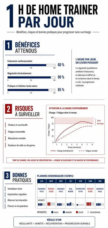1h de home trainer par jour : infographie des bénéfices, risques et bonnes pratiques