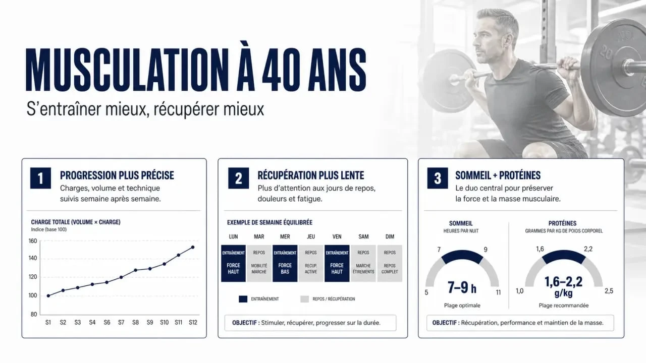 Musculation homme 40 ans : infographie sur la progression, la récupération et l’entraînement adapté