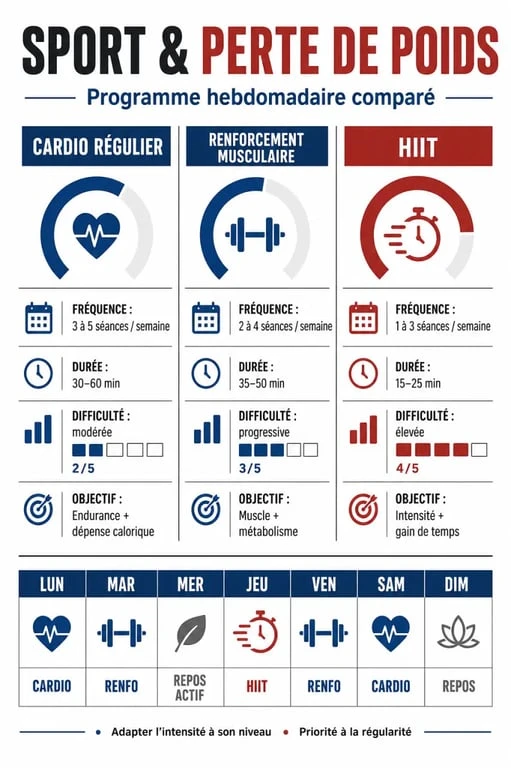 Maigrir par le sport programme : infographie comparant cardio, musculation et HIIT sur une semaine