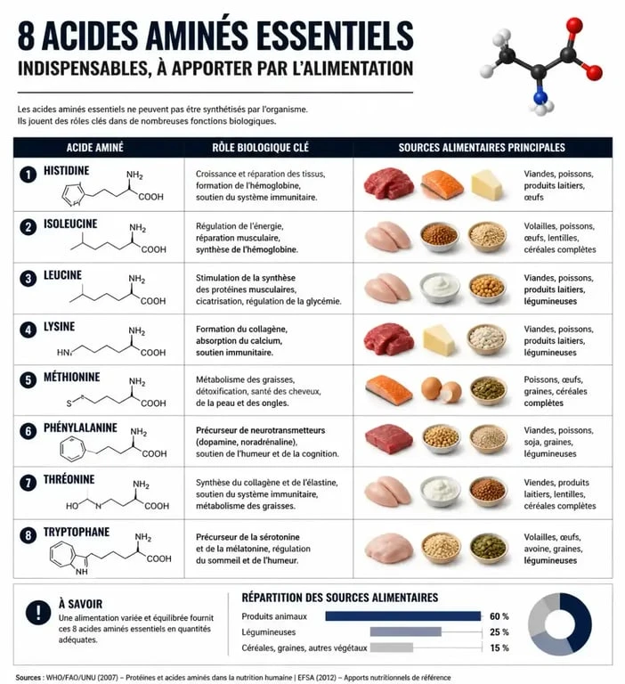 Infographie sur les 8 acides aminés essentiels et leur rôle dans l'alimentation