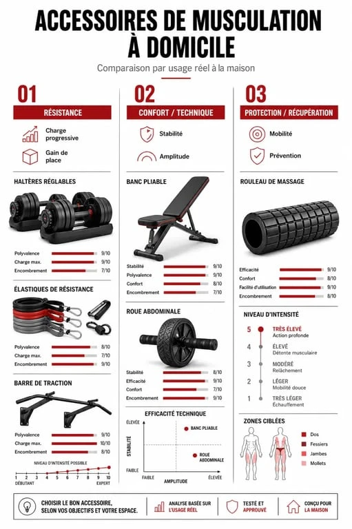 Accessoires muscu maison : comparatif visuel des équipements utiles pour s’entraîner chez soi