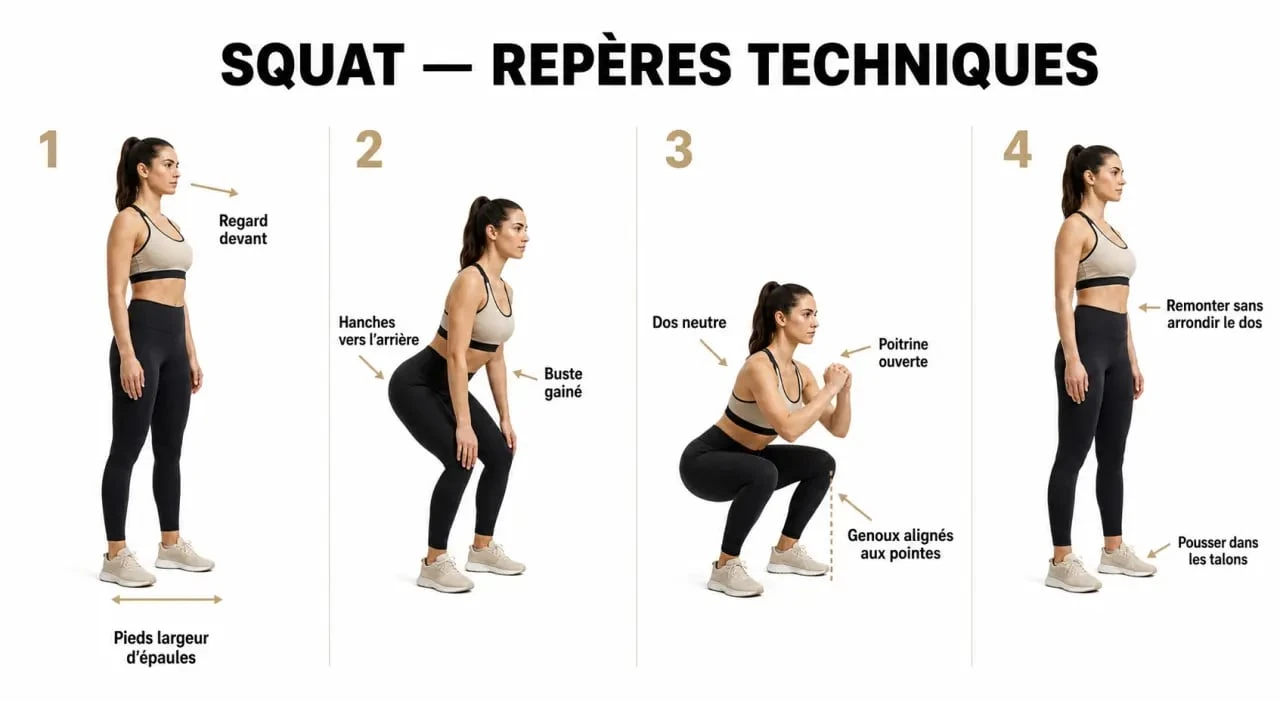 Programme squat femme : schéma en quatre étapes du squat correct avec repères techniques et posture sûre