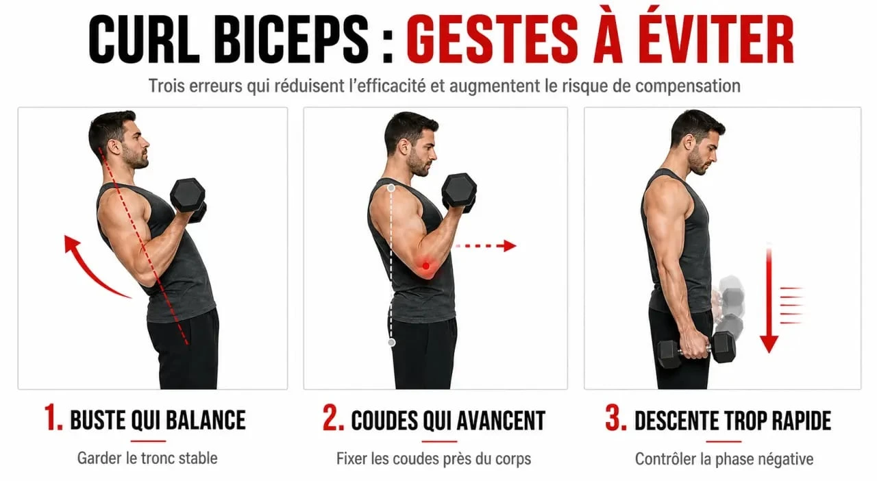 Exercie biceps : erreurs fréquentes au curl avec élan et amplitude réduite