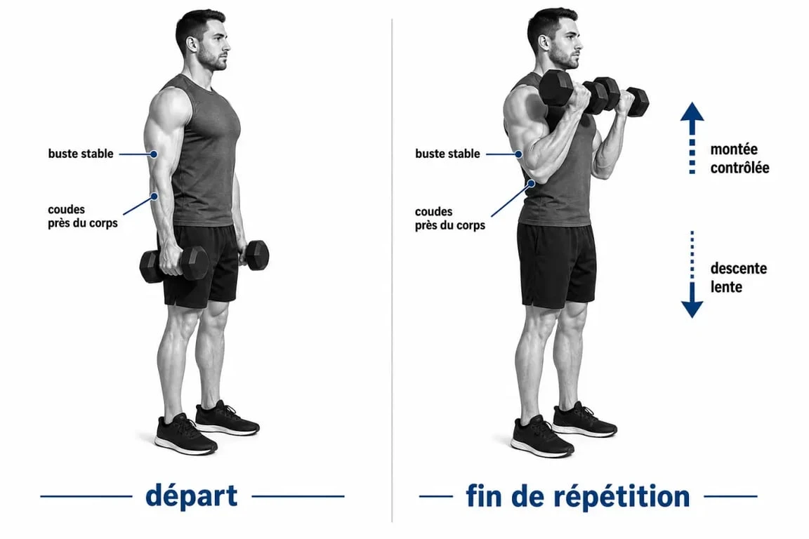 Exercie biceps : curl haltères debout avec posture correcte et amplitude contrôlée