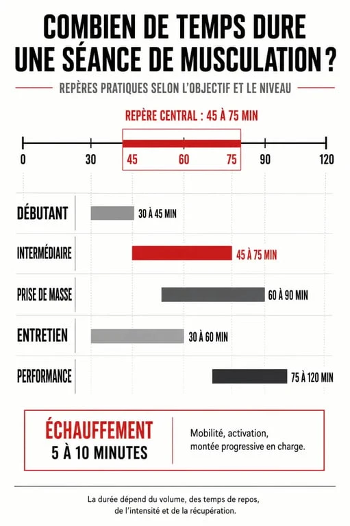 Durée séance musculation : infographie comparative des durées recommandées selon le niveau et l’objectif