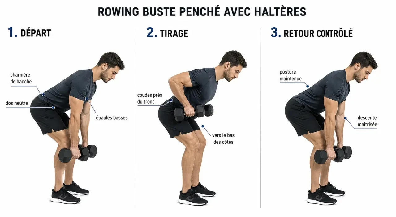 Rowing buste penche haltere : exécution correcte en trois étapes