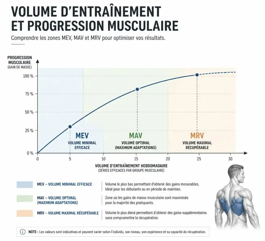 Graphique illustrant les seuils MEV, MAV et MRV en musculation