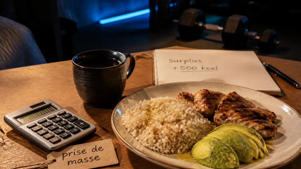 Prise de masse musculaire aliments : assiette riz, poulet et surplus kcal
