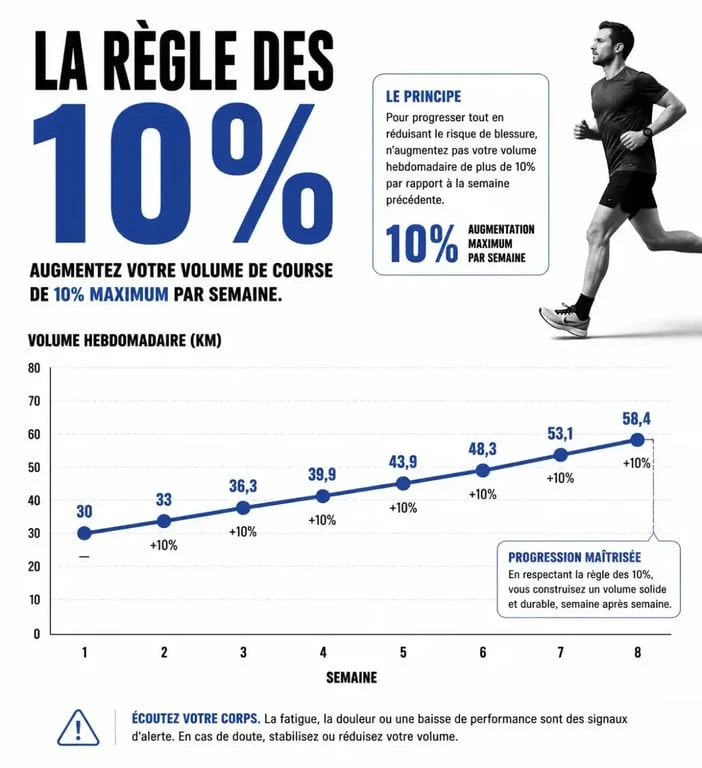 Infographie illustrant la règle des 10% pour une reprise de la course à pied sécurisée