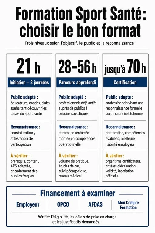 Formation sport santé : comparaison visuelle des durées, publics et niveaux de reconnaissance