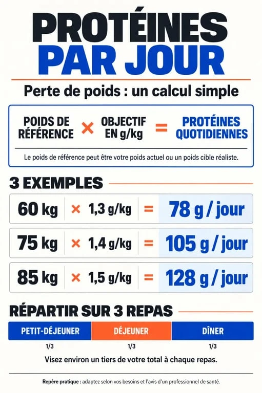 Infographie du calcul protéine par jour perte de poids selon le poids de référence et l’objectif en g/kg