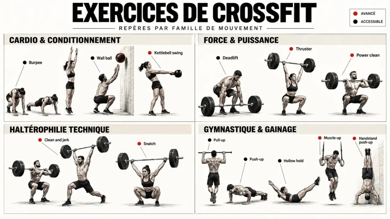 Infographie des principaux crossfit exercice par familles de mouvements, niveaux et objectifs