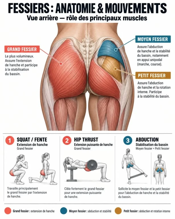 Schéma des muscles impliqués dans un fessier musclé femme et des principaux exercices