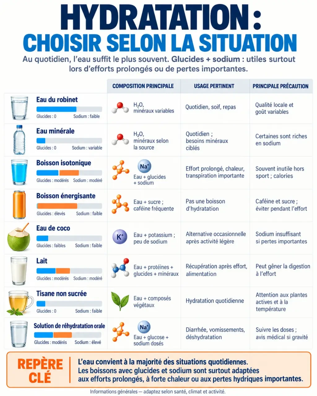Boisson hydratation : comparaison visuelle de l’eau, des boissons isotoniques, de l’eau de coco et des solutions de réhydratation