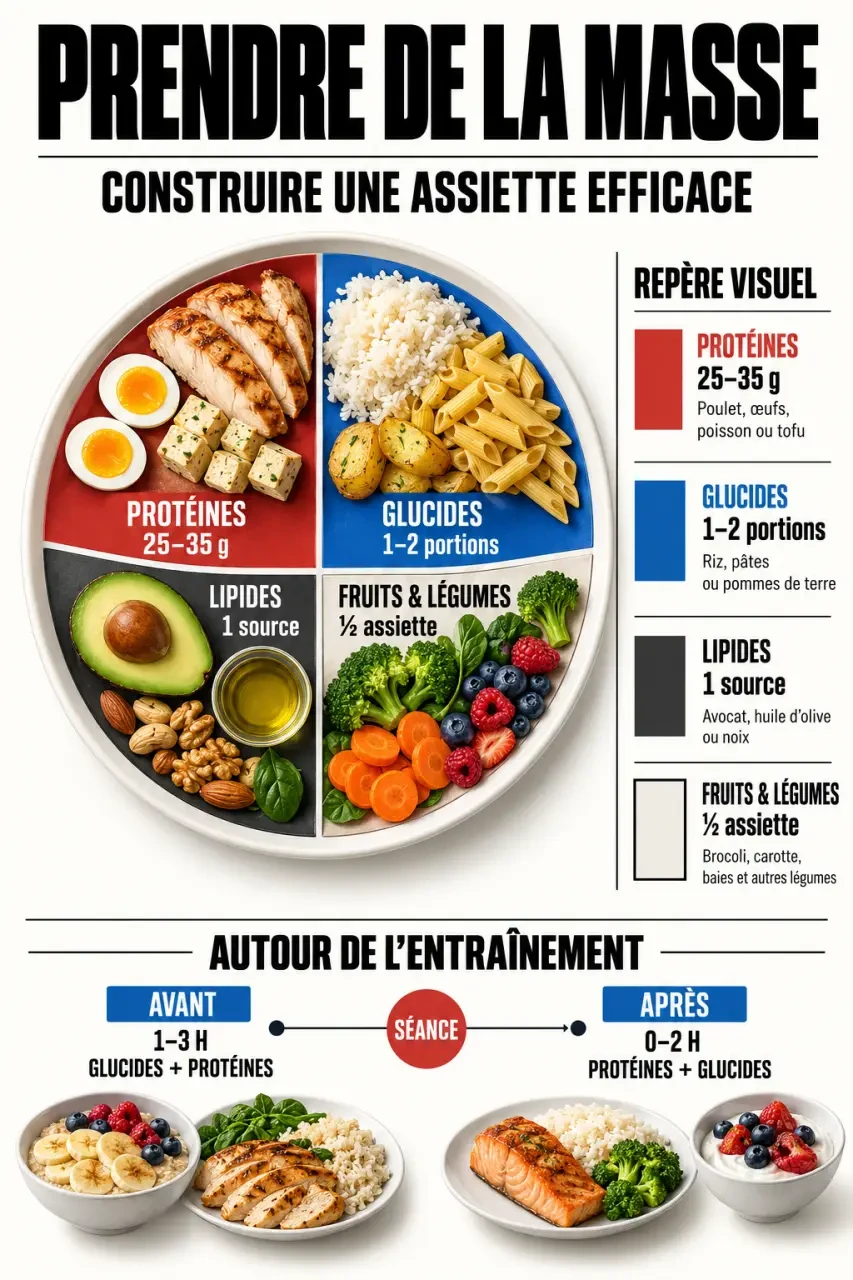Infographie sur l’alimentation pour une prise de masse avec répartition des protéines, glucides et lipides