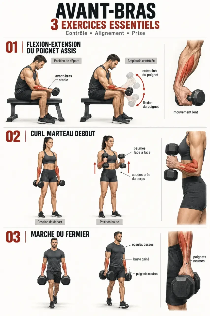 Exercices illustrés pour comment muscler avant bras : flexion du poignet, curl marteau et marche du fermier