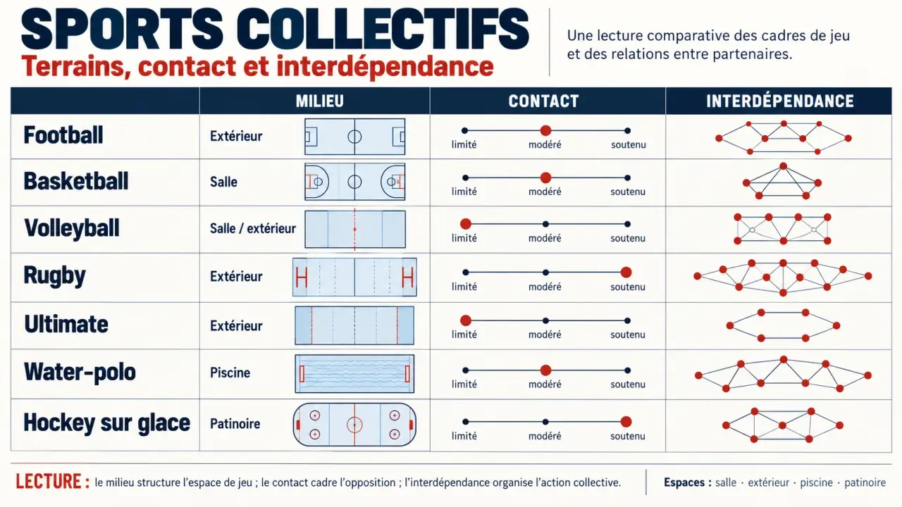 Infographie sur les sports collectifs selon le lieu de pratique, le contact et le principe du jeu