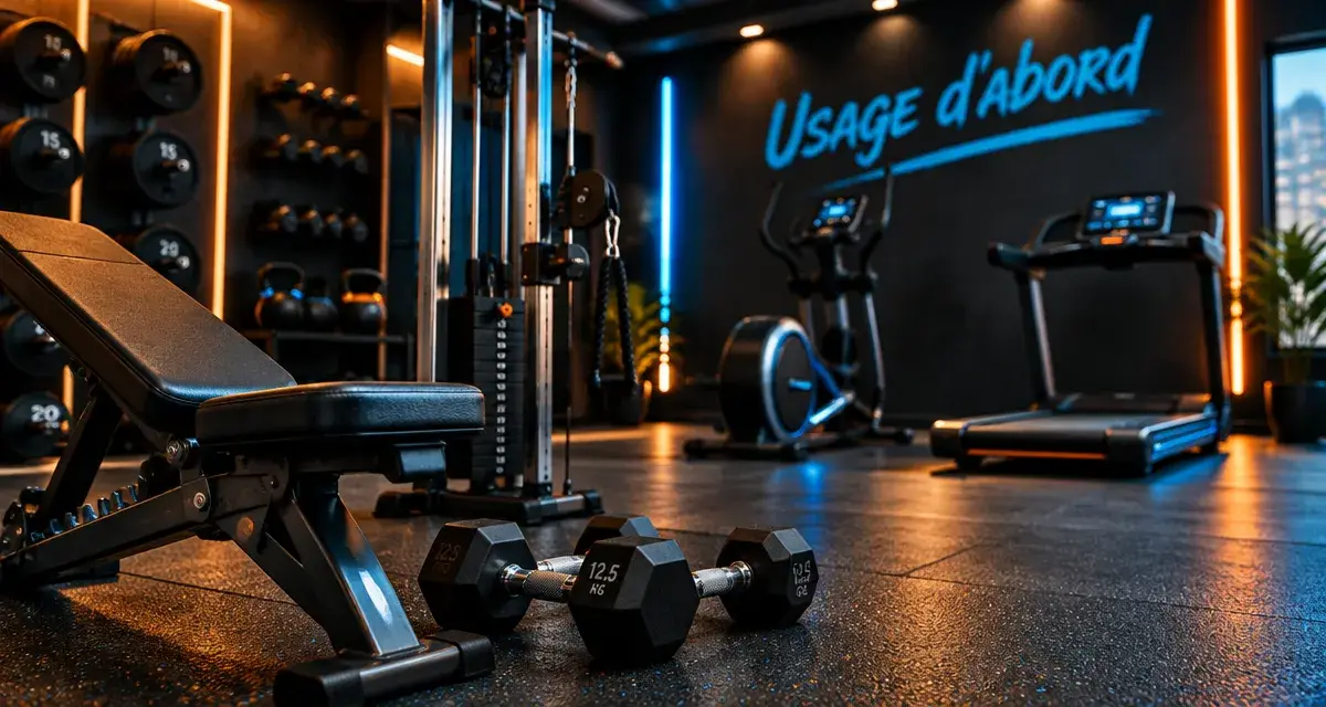 Équipement de sport en salle : banc, haltères et station de poulies, espace dégagé