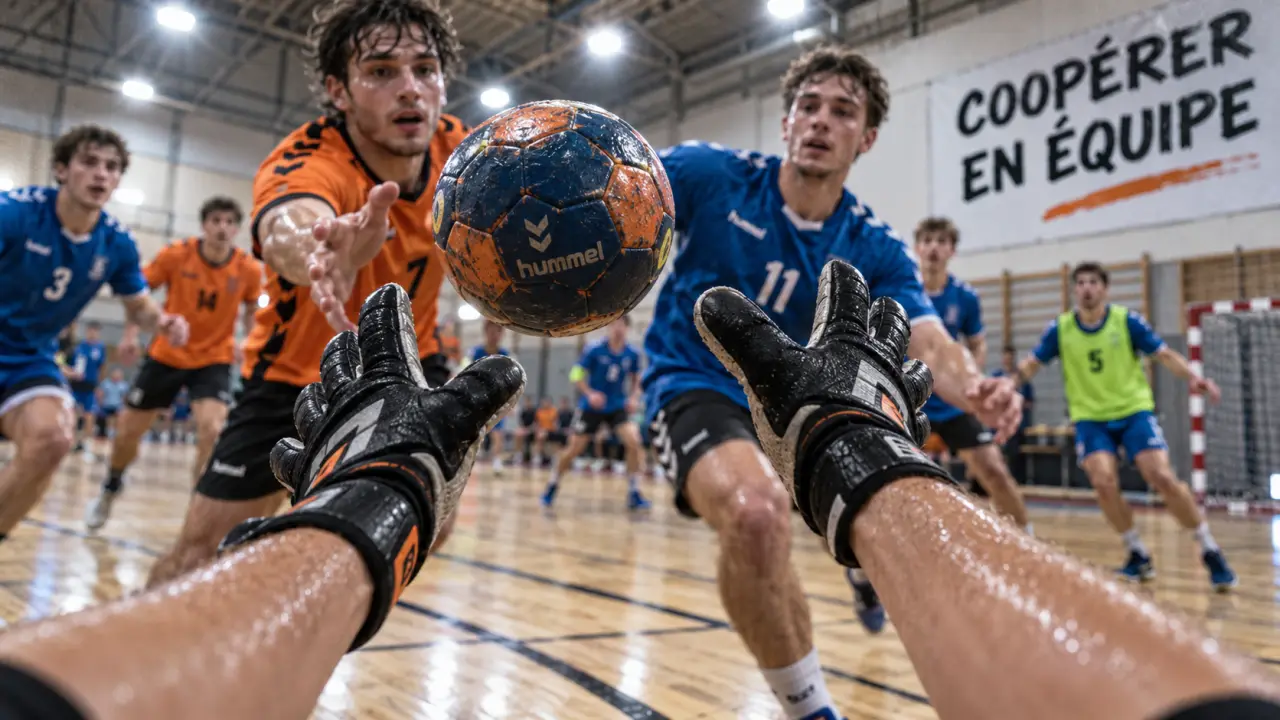 Sport collectifs : mains gantées pour une passe au handball en salle