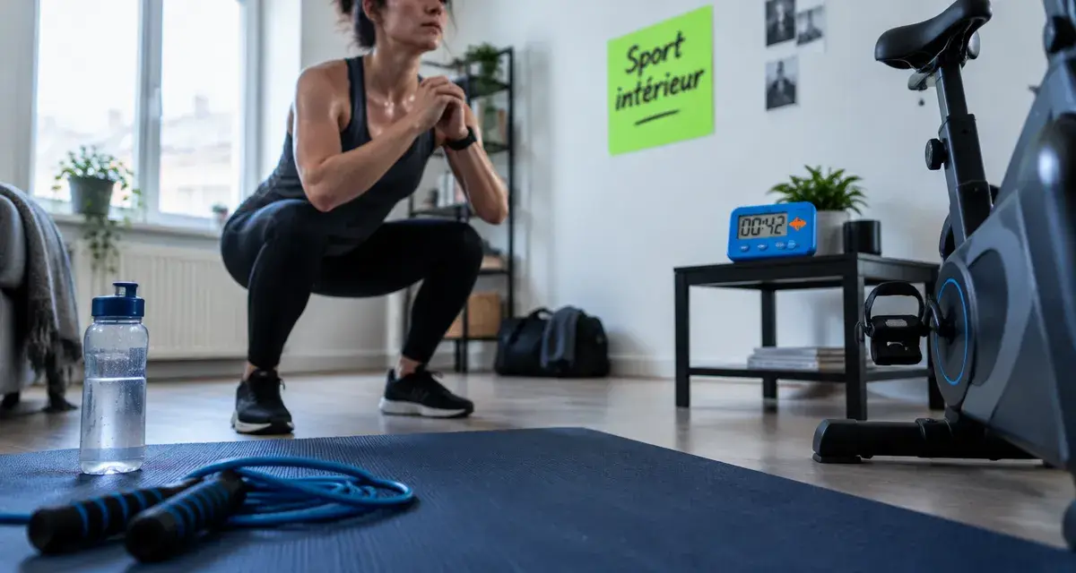 Sports interieur en petit salon : tapis fitness et squats